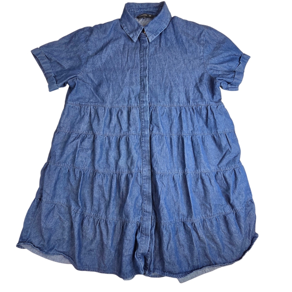 Decjuba Tiered Mini Shirt Dress Denim Button Womens Size 10 MSRP $129